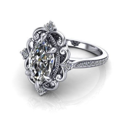 Remington marquise vintage halo engagement ring in 18K White Gold with ornate floral filigree halo and pavé band, three-quarter perspective view