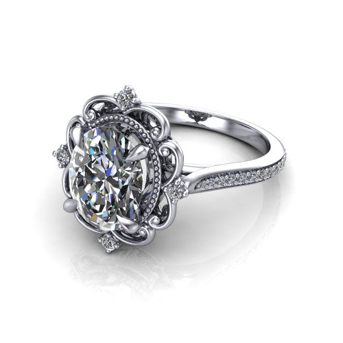 Remington oval vintage halo engagement ring in 18K White Gold with ornate floral filigree halo and pavé band, three-quarter perspective view