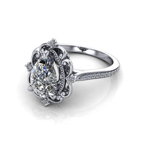 Remington pear vintage halo engagement ring in 14K White Gold with ornate floral filigree halo and pavé band, three-quarter perspective view