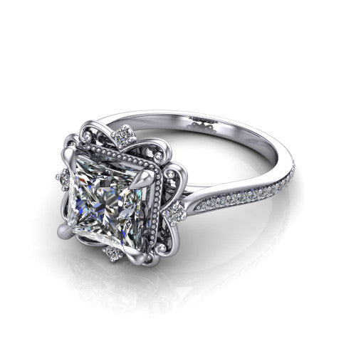Remington princess vintage halo engagement ring in 14K White Gold with ornate floral filigree halo and pavé band, three-quarter perspective view
