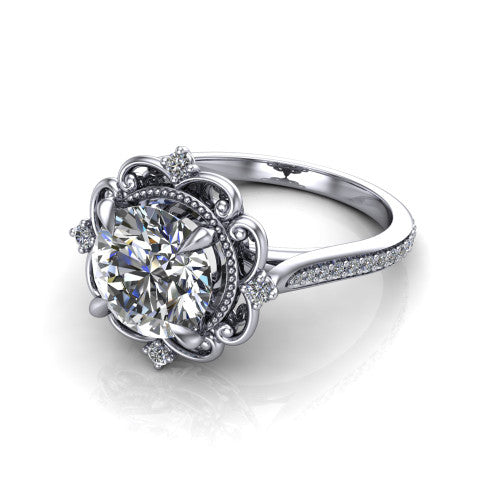 Remington round vintage halo engagement ring in Platinum with ornate floral filigree halo and pavé band, three-quarter perspective view