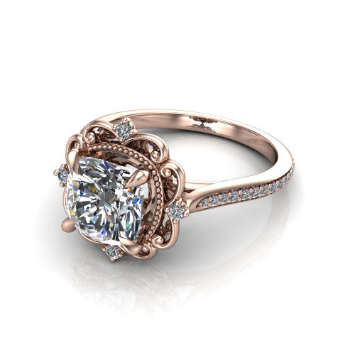 Remington cushion vintage halo engagement ring in 14K Rose Gold with ornate floral filigree halo and pavé band, three-quarter perspective view