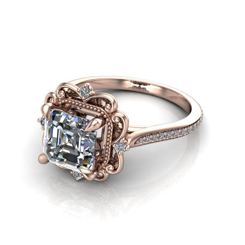Remington asscher vintage halo engagement ring in 14K Rose Gold with ornate floral filigree halo and pavé band, three-quarter perspective view