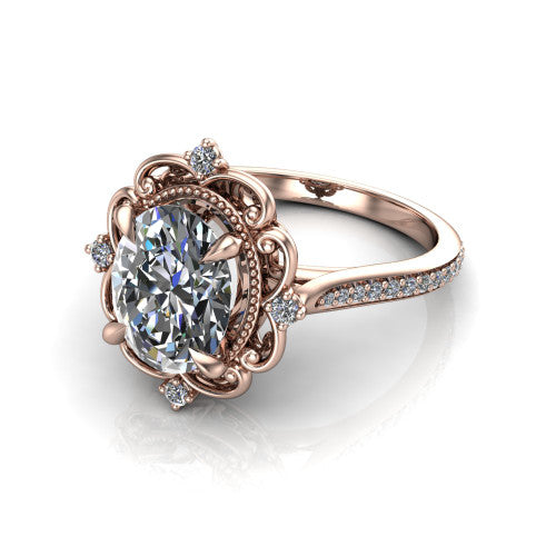 Remington oval vintage halo engagement ring in 18K Rose Gold with ornate floral filigree halo and pavé band, three-quarter perspective view
