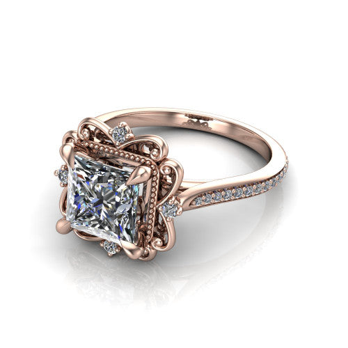 Remington princess vintage halo engagement ring in 18K Rose Gold with ornate floral filigree halo and pavé band, three-quarter perspective view