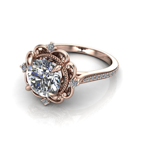 Remington round vintage halo engagement ring in 14K Rose Gold with ornate floral filigree halo and pavé band, three-quarter perspective view