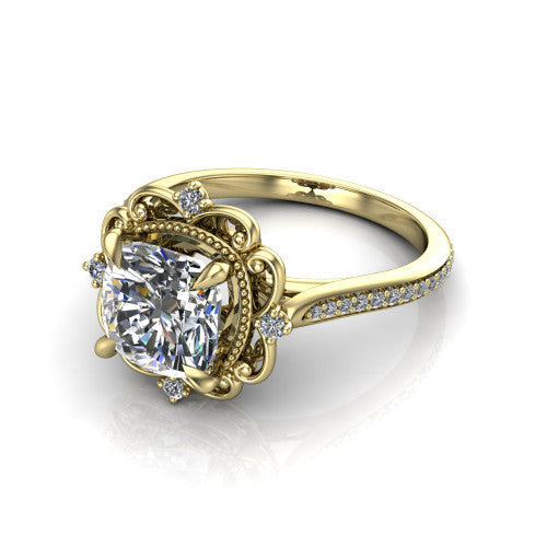 Remington cushion vintage halo engagement ring in 18K Yellow Gold with ornate floral filigree halo and pavé band, three-quarter perspective view