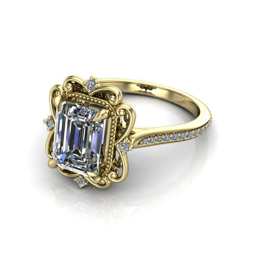 Remington emerald vintage halo engagement ring in 14K Yellow Gold with ornate floral filigree halo and pavé band, three-quarter perspective view