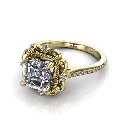 Remington asscher vintage halo engagement ring in 18K Yellow Gold with ornate floral filigree halo and pavé band, three-quarter perspective view