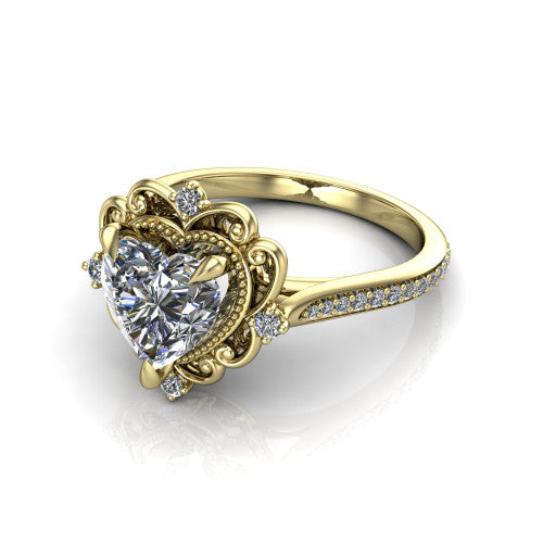 Remington heart vintage halo engagement ring in 14K Yellow Gold with ornate floral filigree halo and pavé band, three-quarter perspective view