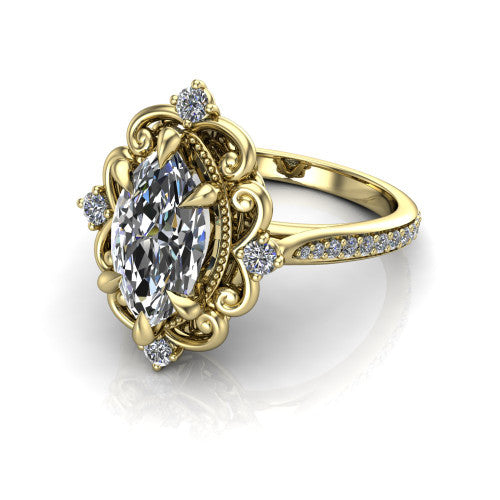 Remington marquise vintage halo engagement ring in 14K Yellow Gold with ornate floral filigree halo and pavé band, three-quarter perspective view