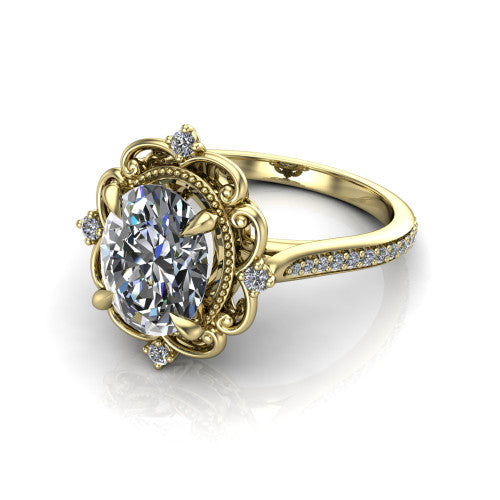 Remington oval vintage halo engagement ring in 14K Yellow Gold with ornate floral filigree halo and pavé band, three-quarter perspective view