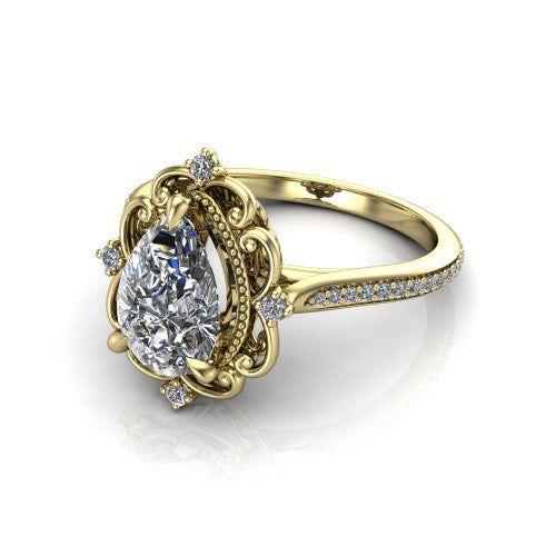 Remington pear vintage halo engagement ring in 14K Yellow Gold with ornate floral filigree halo and pavé band, three-quarter perspective view