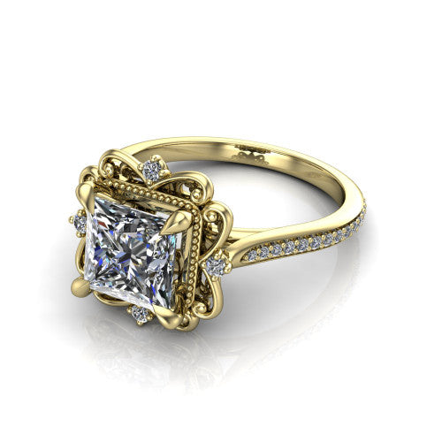 Remington princess vintage halo engagement ring in 18K Yellow Gold with ornate floral filigree halo and pavé band, three-quarter perspective view