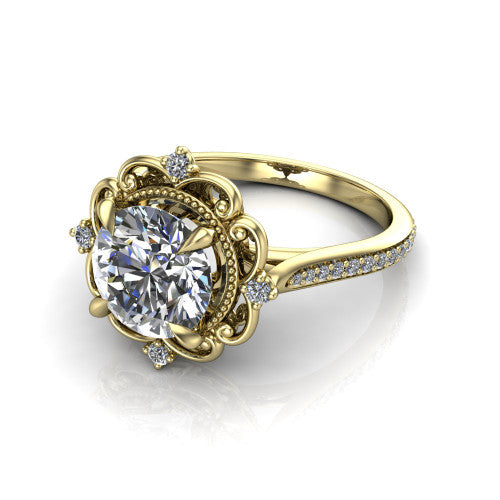 Remington round vintage halo engagement ring in 18K Yellow Gold with ornate floral filigree halo and pavé band, three-quarter perspective view