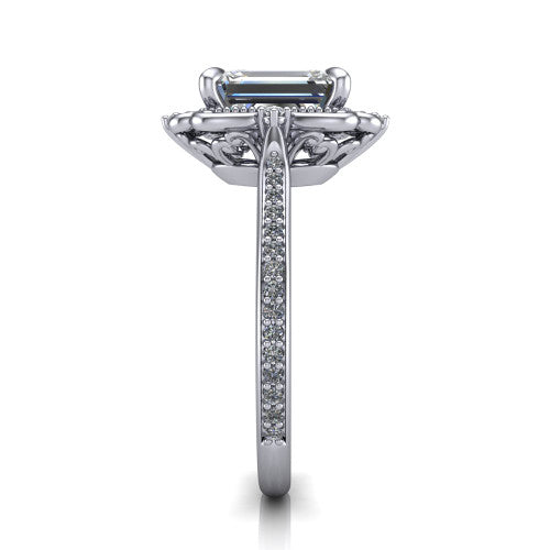 Remington emerald vintage halo engagement ring in 14K White Gold with ornate floral filigree halo and pavé band, side profile showing the pavé band and floral halo