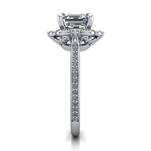 Remington asscher vintage halo engagement ring in 18K White Gold with ornate floral filigree halo and pavé band, side profile showing the pavé band and floral halo
