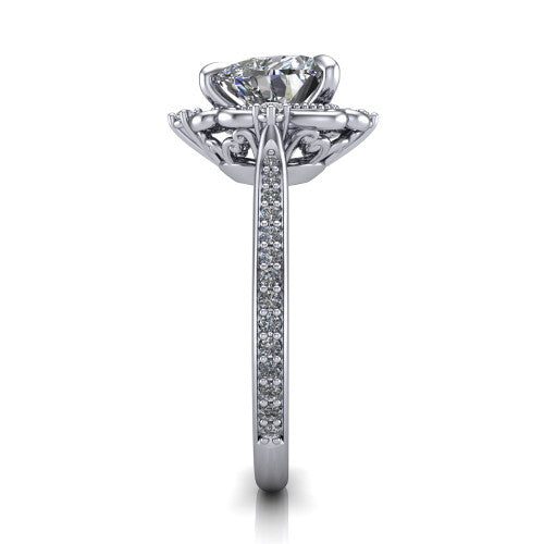 Remington heart vintage halo engagement ring in Platinum with ornate floral filigree halo and pavé band, side profile showing the pavé band and floral halo