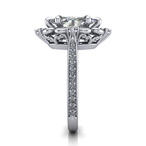 Remington marquise vintage halo engagement ring in 14K White Gold with ornate floral filigree halo and pavé band, side profile showing the pavé band and floral halo