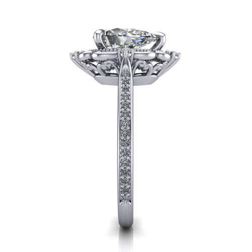 Remington pear vintage halo engagement ring in 18K White Gold with ornate floral filigree halo and pavé band, side profile showing the pavé band and floral halo