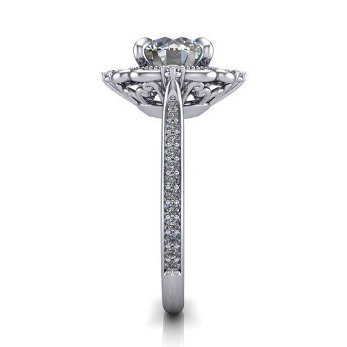 Remington round vintage halo engagement ring in Platinum with ornate floral filigree halo and pavé band, side profile showing the pavé band and floral halo