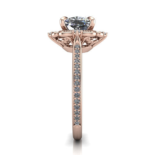 Remington cushion vintage halo engagement ring in 18K Rose Gold with ornate floral filigree halo and pavé band, side profile showing the pavé band and floral halo