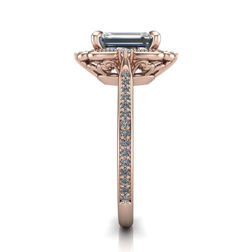 Remington emerald vintage halo engagement ring in 14K Rose Gold with ornate floral filigree halo and pavé band, side profile showing the pavé band and floral halo