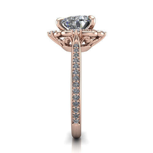 Remington heart vintage halo engagement ring in 14K Rose Gold with ornate floral filigree halo and pavé band, side profile showing the pavé band and floral halo
