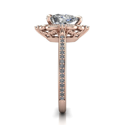 Remington pear vintage halo engagement ring in 18K Rose Gold with ornate floral filigree halo and pavé band, side profile showing the pavé band and floral halo
