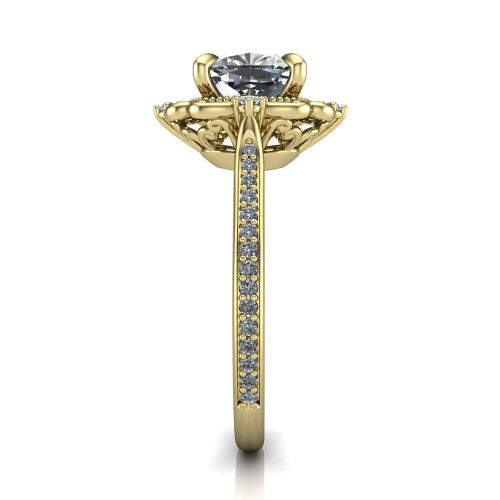 Remington cushion vintage halo engagement ring in 18K Yellow Gold with ornate floral filigree halo and pavé band, side profile showing the pavé band and floral halo