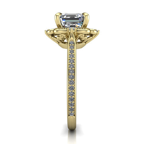 Remington asscher vintage halo engagement ring in 18K Yellow Gold with ornate floral filigree halo and pavé band, side profile showing the pavé band and floral halo