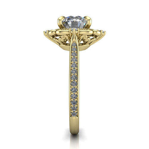 Remington round vintage halo engagement ring in 18K Yellow Gold with ornate floral filigree halo and pavé band, side profile showing the pavé band and floral halo