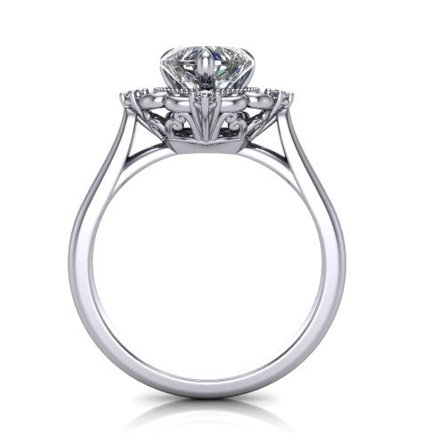 Remington heart vintage halo engagement ring in 14K White Gold with ornate floral filigree halo and pavé band, through-finger front profile