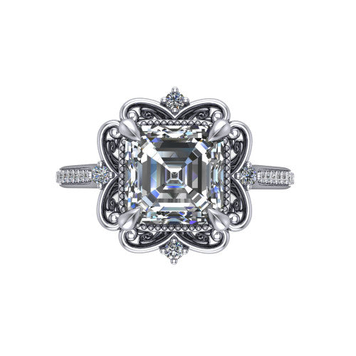 Remington asscher vintage halo engagement ring in 18K White Gold with ornate floral filigree halo and pavé band, top-down view of the ornate floral filigree halo