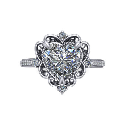 Remington heart vintage halo engagement ring in 14K White Gold with ornate floral filigree halo and pavé band, top-down view of the ornate floral filigree halo