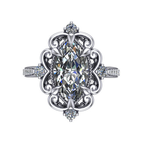 Remington marquise vintage halo engagement ring in Platinum with ornate floral filigree halo and pavé band, top-down view of the ornate floral filigree halo