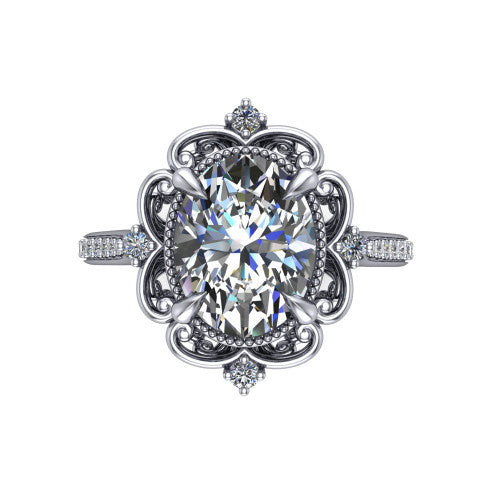 Remington oval vintage halo engagement ring in 18K White Gold with ornate floral filigree halo and pavé band, top-down view of the ornate floral filigree halo