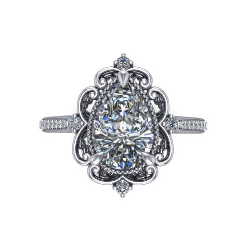 Remington pear vintage halo engagement ring in Platinum with ornate floral filigree halo and pavé band, top-down view of the ornate floral filigree halo