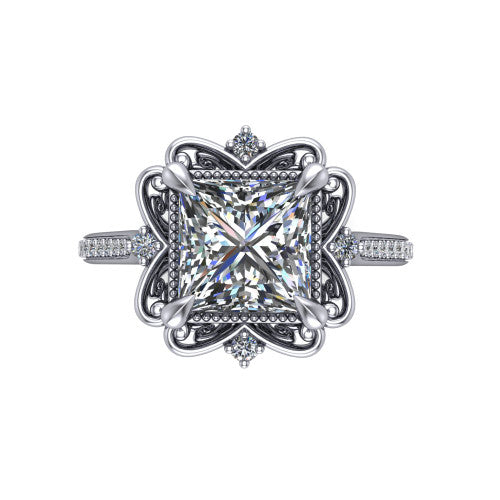 Remington princess vintage halo engagement ring in Platinum with ornate floral filigree halo and pavé band, top-down view of the ornate floral filigree halo