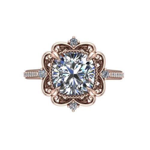 Remington cushion vintage halo engagement ring in 14K Rose Gold with ornate floral filigree halo and pavé band, top-down view of the ornate floral filigree halo