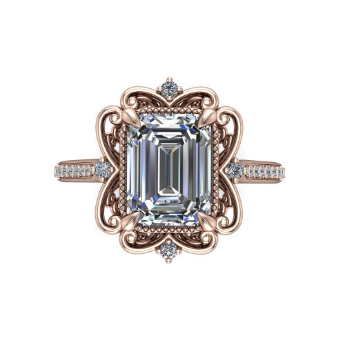 Remington emerald vintage halo engagement ring in 14K Rose Gold with ornate floral filigree halo and pavé band, top-down view of the ornate floral filigree halo