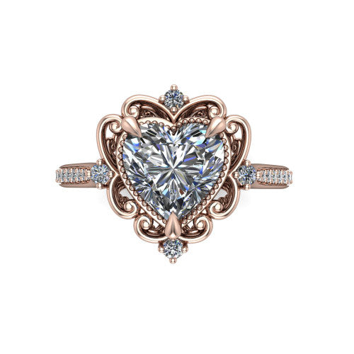 Remington heart vintage halo engagement ring in 14K Rose Gold with ornate floral filigree halo and pavé band, top-down view of the ornate floral filigree halo
