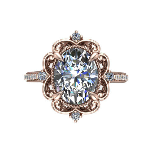 Remington oval vintage halo engagement ring in 14K Rose Gold with ornate floral filigree halo and pavé band, top-down view of the ornate floral filigree halo
