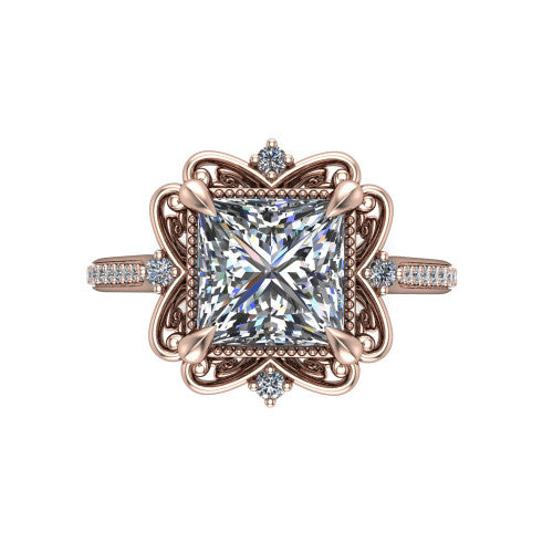 Remington princess vintage halo engagement ring in 18K Rose Gold with ornate floral filigree halo and pavé band, top-down view of the ornate floral filigree halo