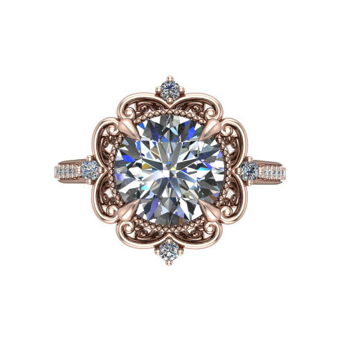 Remington round vintage halo engagement ring in 18K Rose Gold with ornate floral filigree halo and pavé band, top-down view of the ornate floral filigree halo