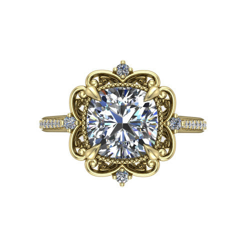 Remington cushion vintage halo engagement ring in 14K Yellow Gold with ornate floral filigree halo and pavé band, top-down view of the ornate floral filigree halo