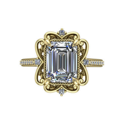 Remington emerald vintage halo engagement ring in 14K Yellow Gold with ornate floral filigree halo and pavé band, top-down view of the ornate floral filigree halo