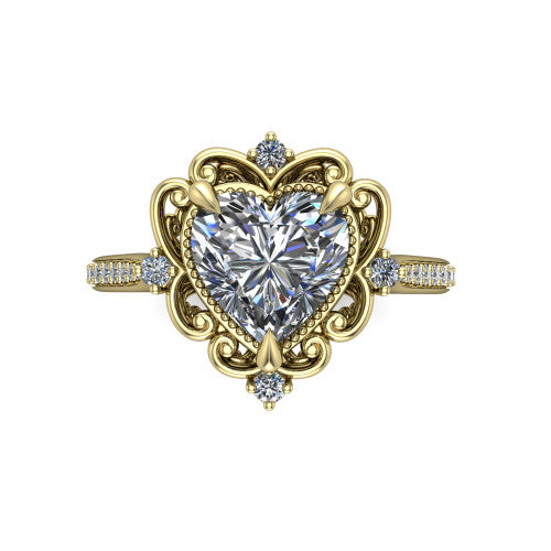 Remington heart vintage halo engagement ring in 14K Yellow Gold with ornate floral filigree halo and pavé band, top-down view of the ornate floral filigree halo