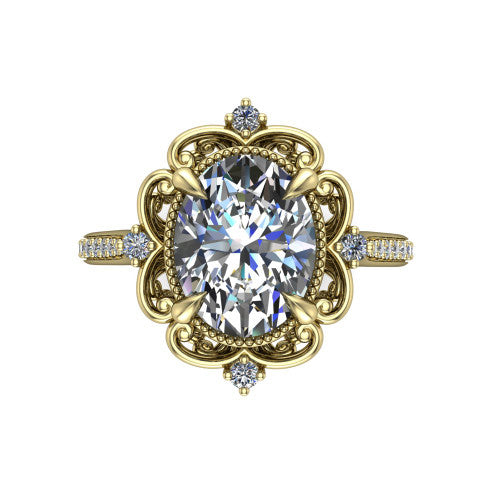 Remington oval vintage halo engagement ring in 18K Yellow Gold with ornate floral filigree halo and pavé band, top-down view of the ornate floral filigree halo