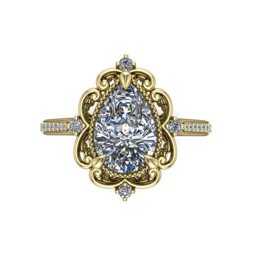 Remington pear vintage halo engagement ring in 14K Yellow Gold with ornate floral filigree halo and pavé band, top-down view of the ornate floral filigree halo